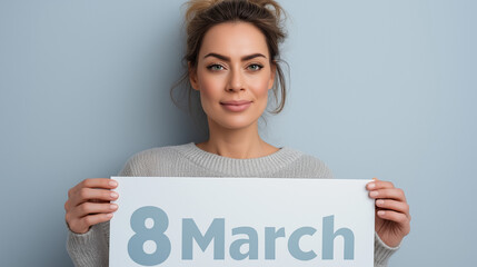 Woman holding 8 March poster and smiling against a blue background  