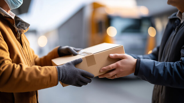 Dock door contactless pass off gloved hands exchanging package faces out trucks defocused pandemic logistics contactless delivery safety masks implied warehouse dock