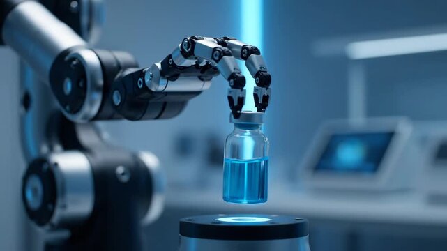 Robotic Arm Handling Lab Sample - A sophisticated robotic arm is positioned above a circular platform, delicately holding a clear vial containing blue liquid.