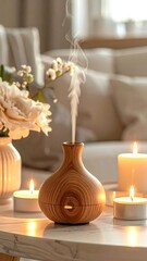 Wooden diffuser, soft light, subtle fragrance