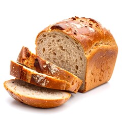 Sliced loaf of bread, light brown crust,  slices angled
