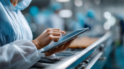 Obraz premium Sterile gloves holding tablet near conveyor hairnet edge visible faces out background defocused food QC hygiene production line audit clean environment with copy space