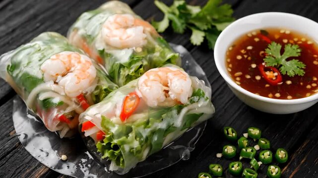 Fresh Shrimp Spring Rolls with Dipping Sauce - This video showcases a plate of fresh shrimp spring rolls, elegantly wrapped in translucent rice paper, alongside a small bowl of savory dipping sauce.