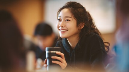 A beautiful Korean woman in her 20s sitting at a university classroom desk, holding a tumbler while chatting with the person beside her, blurred classroom background
