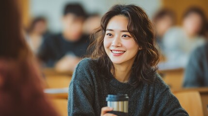 A beautiful Korean woman in her 20s sitting at a university classroom desk, holding a tumbler while chatting with the person beside her, blurred classroom background
