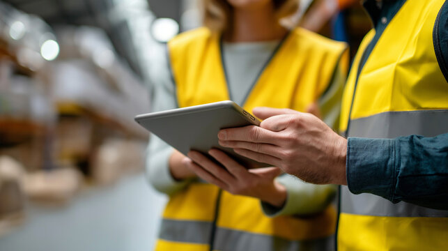 Two workers chatting torso crop tablet between them aisle defocused warehouse collaboration morale teamwork distribution center process talk hi vis vests with copy space