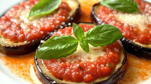 Delicious Eggplant Parmesan Slice - This close-up video showcases beautifully plated eggplant slices topped with marinara sauce, mozzarella cheese, and fresh basil leaves.