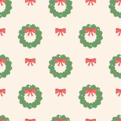  A cute Christmas seamless pattern with a wreath and red bows. A trendy, festive retro print for decorating wrapping paper.