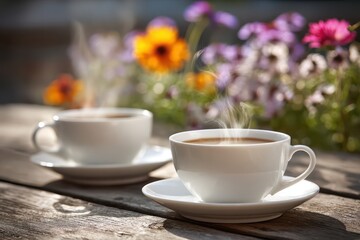 Fototapeta premium Two steaming cups of coffee on a wooden table, surrounded by colorful flowers in the background, creating a cozy and relaxing atmosphere in the garden.
