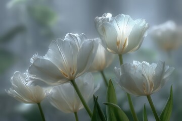 A soft, dreamy close-up of white tulips in bloom, showcasing delicate petals and a gentle, muted color palette against an out-of-focus background, inviting tranquility.