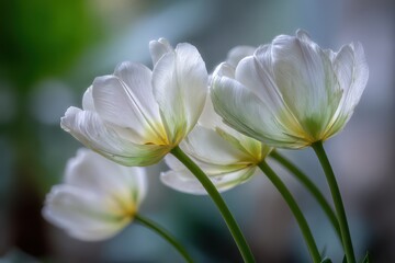 Obraz premium A close-up of delicate white tulips with gentle green accents, showcasing their intricate petal details and graceful form in a soft, dreamy light.