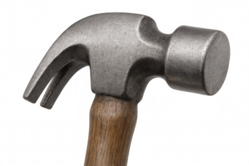 Claw hammer with wooden handle, common tool for carpentry, construction, diy, or general home improvement works, transparent background