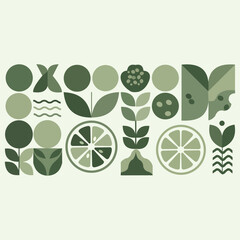 Creative design vector art of geometric abstract pattern with stylized citrus fruits, leaves, and floral elements in shades of green on a light green background