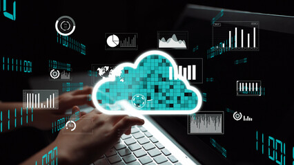 A close-up of hands typing on a laptop keyboard with vibrant digital cloud graphics and data analytics visualizations representing modern technology and financial insights. Xenic