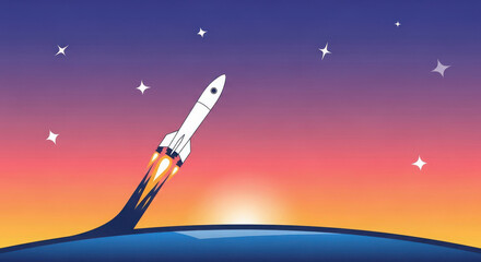 Rocket launching into space at sunrise with stars