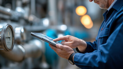 Boiler dial cluster with tablet overlay reflection operator’s torso faceless pipe maze defocused process monitoring plant operator antiphons hardhat industrial control with