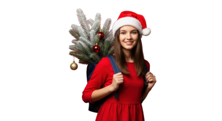 Smiling girl in Santa hat carrying Christmas tree isolated on transparent background