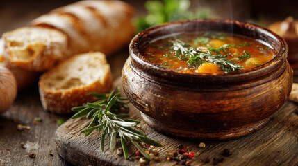 Bowl of hot soup with herbs and bread, rustic food photo
