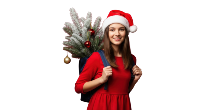 Smiling girl in Santa hat carrying Christmas tree isolated on transparent background