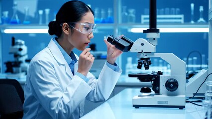 Female Scientist Working in Laboratory - A focused female scientist in a laboratory setting is examining a glass slide under a microscope.