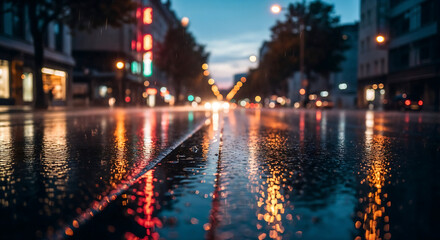 Obraz premium City lights reflect on wet streets after heavy rain.