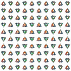 Repeating geometric shapes decorative arrangement.
A series of repeating geometric shapes arranged in a grid with an orange and green core.