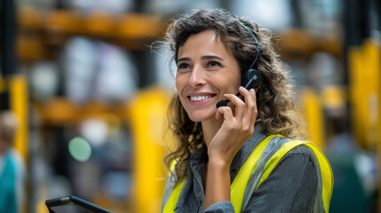 Headset mic tablet HUD glow on vest racks defocused fulfillment support voice picking customer care inventory tech cheerful efficiency with copy space