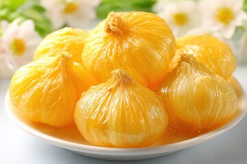 A plate of candied garlic bulbs with a sweet, glossy glaze, presented against a backdrop of delicate white flowers and soft, diffused lighting, promising a flavorful experience.