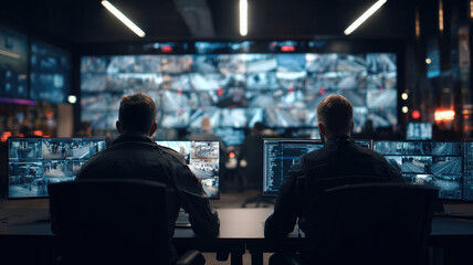 Two Security Operators Monitoring Multiple Screens In High Tech Command Center Control Room Surveillance Cybersecurity Hub