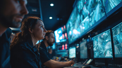 Female Security Operator Working At Monitoring Station With Multiple Screens In Control Room Surveillance Technology Center