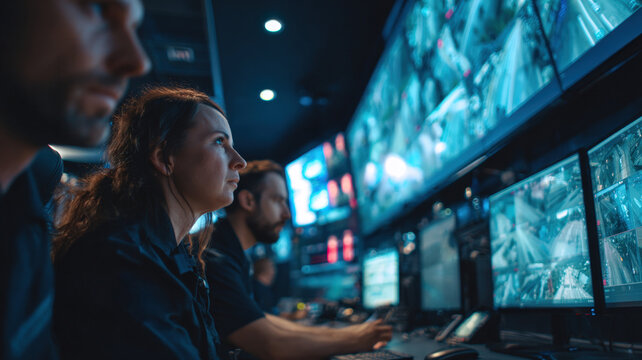 Female Security Operator Working At Monitoring Station With Multiple Screens In Control Room Surveillance Technology Center