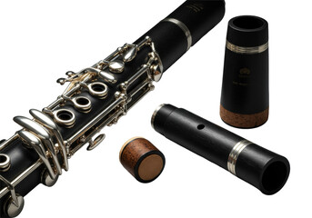 Naklejka premium Extreme close-up macro photo of a black ebony clarinet with gleaming silver keys, velvety pads, and detached mouthpiece on a transparent studio background, detailed study of musical craftsmanship