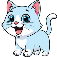 Cute blue cartoon kitten smiling happily, adorable baby cat illustration, funny pet animal character design for kids, vector art drawing