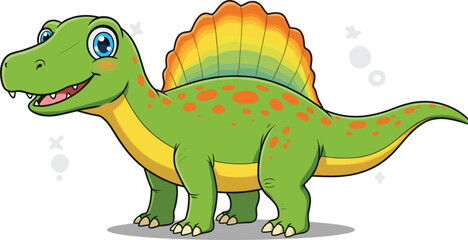 Cute cartoon dinosaur with colorful sail, smiling green dino character, funny prehistoric reptile, adorable jurassic animal illustration, children’s vector art design