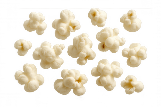 Popcorn kernels falling, creating a delicious snack for movie theaters, home entertainment, or a festive party treat