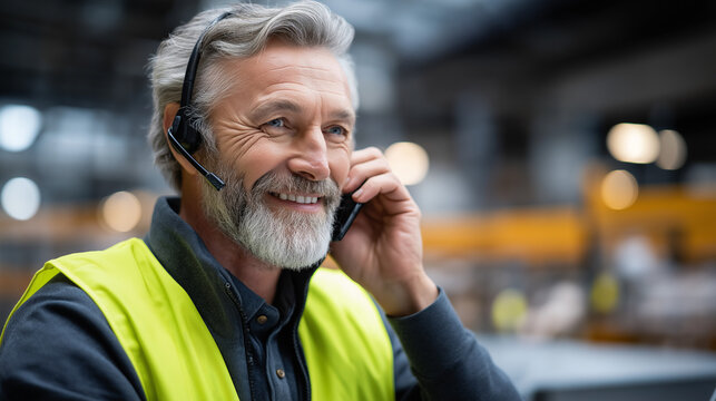 Headset mic tablet HUD glow on vest racks defocused fulfillment support voice picking customer care inventory tech cheerful efficiency with copy space