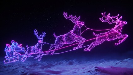 neon flying reindeer pulling santa's sleigh