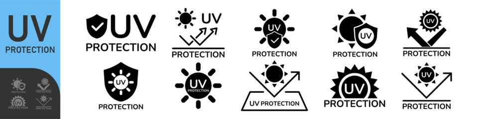UV protection icon set. UV radiation black icon. Ultraviolet symbol. Sun uv protection icons. Vector pictogram of sunscreen spf. Skincare illustration, sign for cosmetics packaging