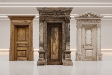 Obraz premium Three different styles of vintage doors showcase architectural diversity and rich textures, bringing history and charm to a modern and light studio setting.