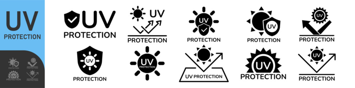 UV protection icon set. UV radiation black icon. Ultraviolet symbol. Sun uv protection icons. Vector pictogram of sunscreen spf. Skincare illustration, sign for cosmetics packaging