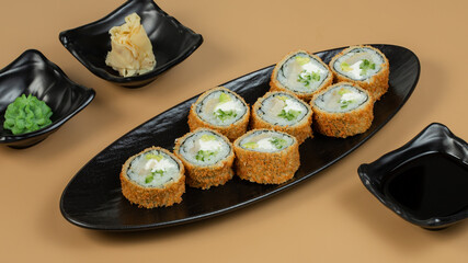 Sushi rolls on tray top view	