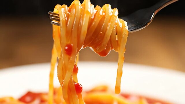 Delectable Spaghetti Twirl: A close-up view of swirling spaghetti on a fork with rich tomato sauce, creating a mouthwatering culinary experience