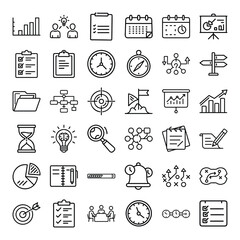 Planning Outline Vector Icon Set – Business Strategy, Project Management, Schedule and Goal Setting Line Symbols