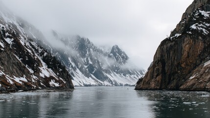 Obraz premium Majestic snow-capped mountains are shrouded in atmospheric mist, their rugged peaks reflected in the calm, icy waters below a muted, overcast sky, forming a dramatic, scenic landscape.