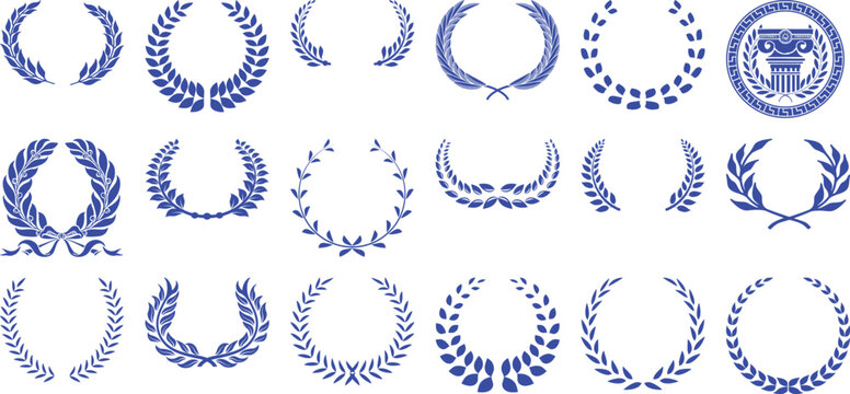 Collection of Blue Laurel Wreaths and Greek Column Emblem on White Background