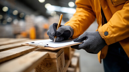 Clipboard checklist against pallet wall pen in gloved hand ticking items worker faceless bay doors defocused quality control documentation warehouse audit process adherence