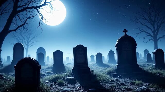 Spooky Graveyard Under Moonlight - A Haunting Halloween Night Scene.