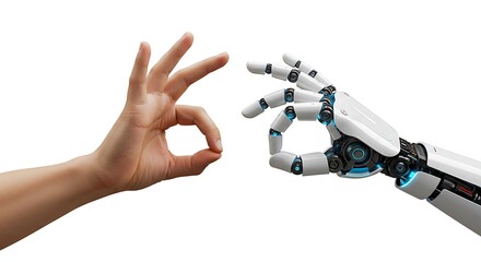A human hand and a robotic hand making the OK gesture, symbolizing agreement between humanity and artificial intelligence.