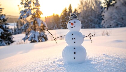 Obraz premium Happy snowman in a snow-covered, sunlit landscape