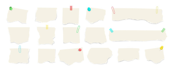 Paper notes with adhesive tape, push pins, and clips. Vector template with blank sheets, sticky notes, and ripped paper pieces for stationery, reminders, or collage design.